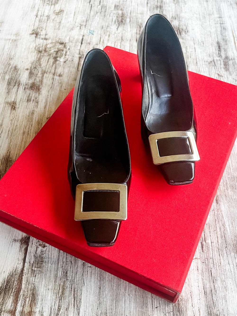 Vintage Roger Vivier Belle Vivier Black Patent Square Toe Heels 7.5 / 37.5